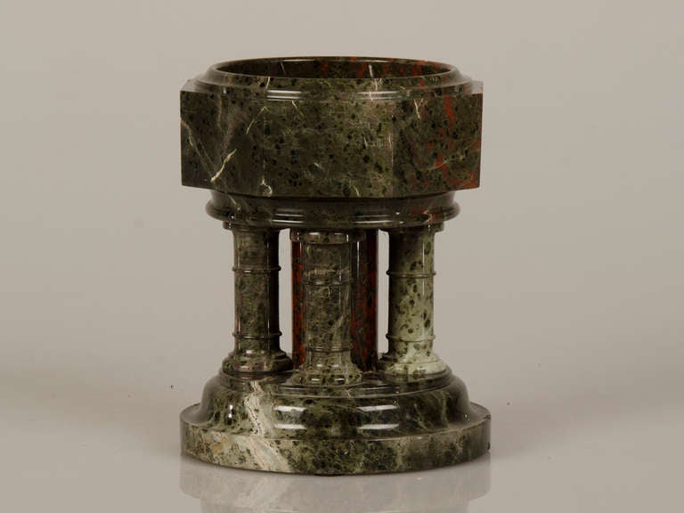An octagonal serpentine and jasper semi precious stone font from Italy c.1895. Please note the gorgeous combination of the lustrous deep green of the serpentine and deep red of the jasper that creates such a striking effect in this miniature version