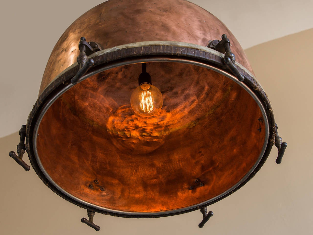 French Timpani Drum Solid Copper Chandelier Fixture, France, circa 1900