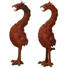 Pair of Large Antique French Cast Iron Painted Birds circa 1885