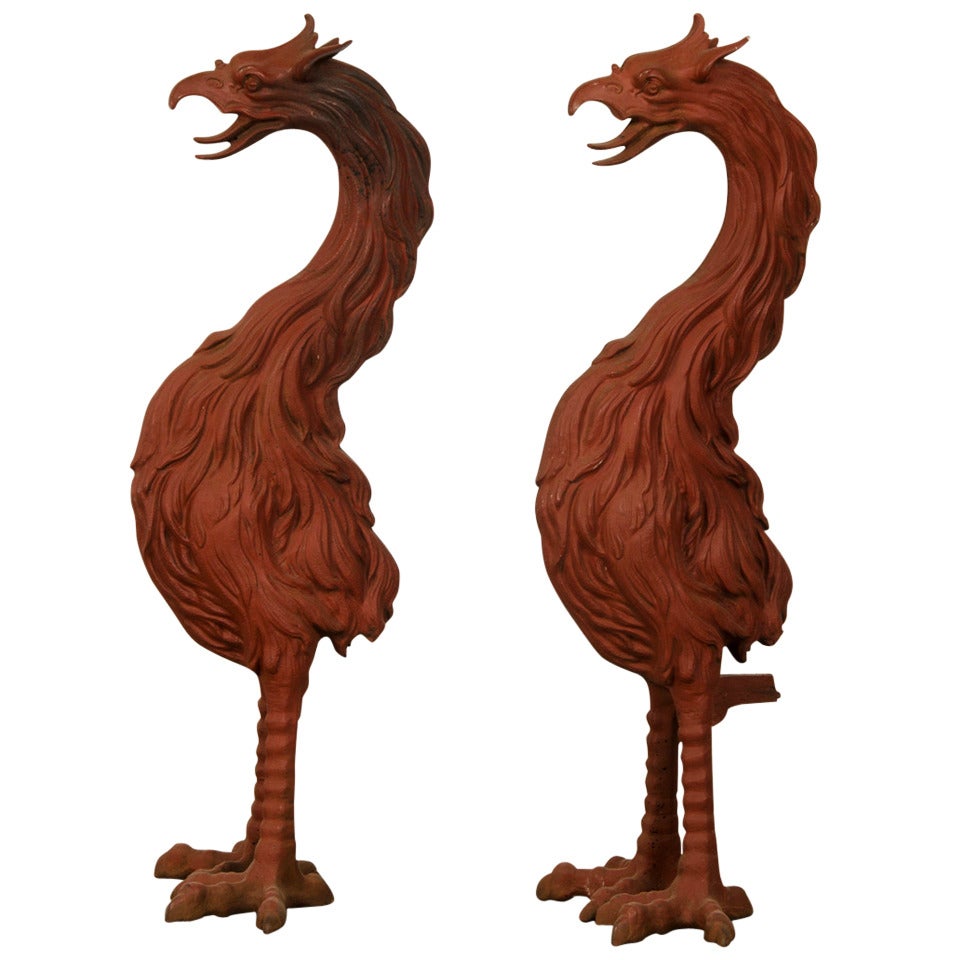 Pair of Large Antique French Cast Iron Painted Birds circa 1885 For Sale