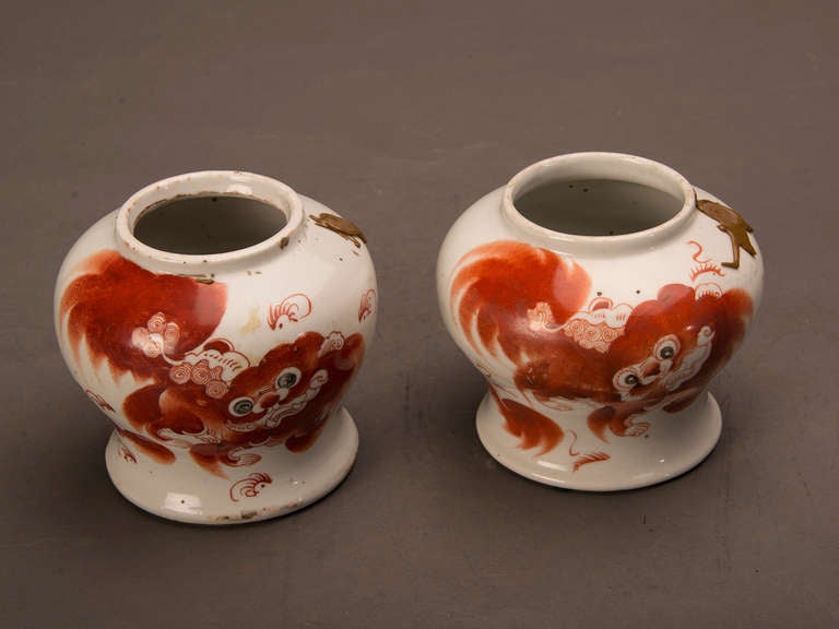 Pair of Kuang Hsu period Hand Painted Foo Lion vases, China C.1875 4