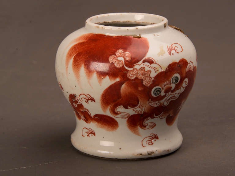 Chinese Pair of Kuang Hsu period Hand Painted Foo Lion vases, China C.1875