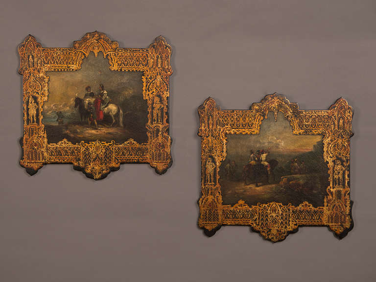 Pair of Papier Mâché Shaped Screens Featuring Hand Painted, Gilded 