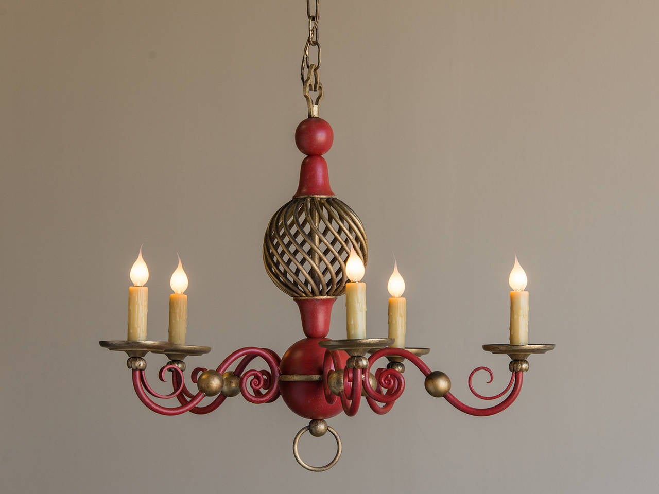 French Vintage Painted Tole Chandelier, France, circa 1940