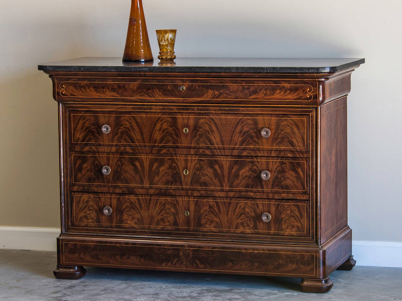 Mid-19th Century Louis Philippe Mahogany Chest, Beech Inlay, Marble Top, France, circa 1840