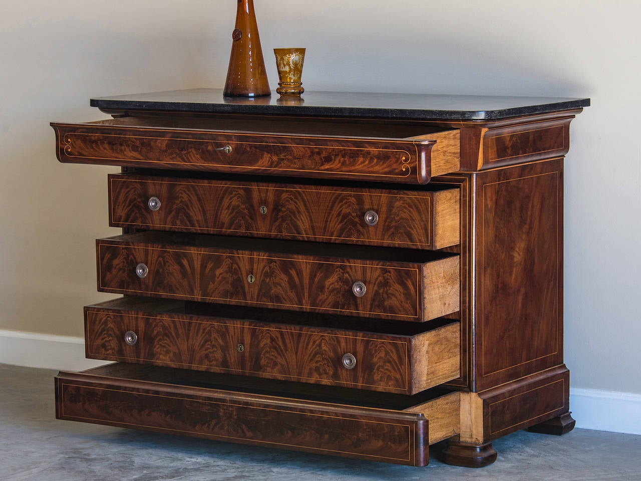 French Louis Philippe Mahogany Chest, Beech Inlay, Marble Top, France, circa 1840