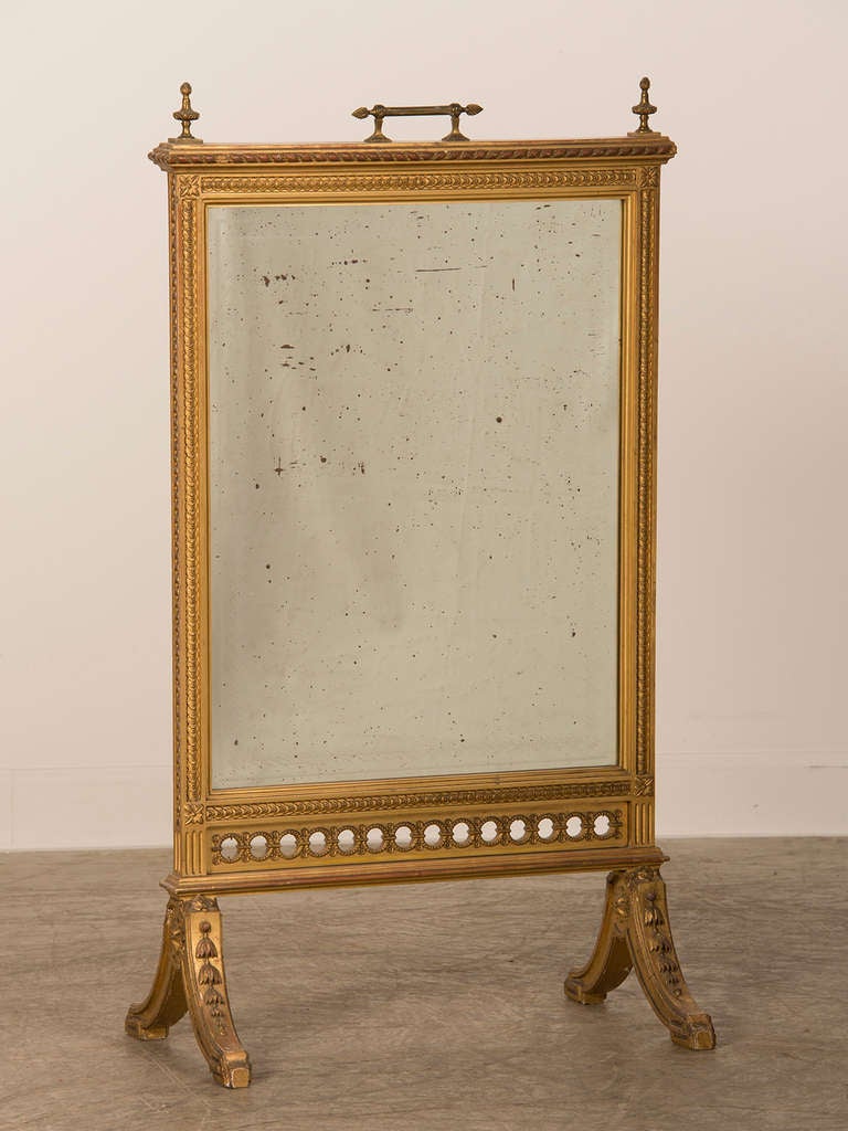 Louis XVI Style Gold Leaf Wooden Fire Screen with Original Mirror, France c.1875