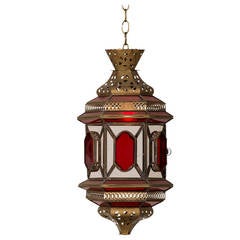 Moroccan Lantern circa 1940 Enclosing Ruby and Clear Glass with Filigreed Brass