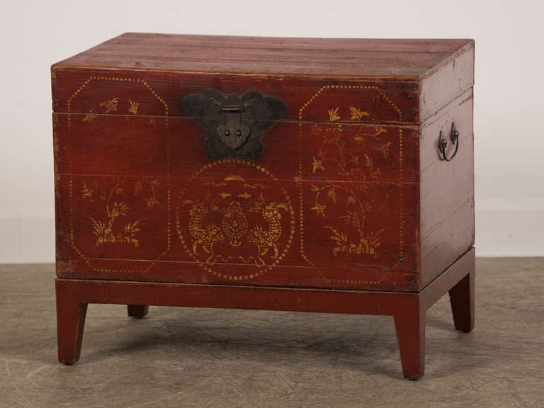 Receive our new selections direct from 1stdibs by email each week. Please click Follow Dealer below and see them first!

A charming antique Chinese red lacquer trunk from the Kuang Hsu period circa 1875. Please notice the three scenes painted in