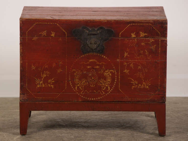 Chinese Export Antique Chinese Red Lacquer Gilded Design Trunk Kuang Hsu Period circa 1875