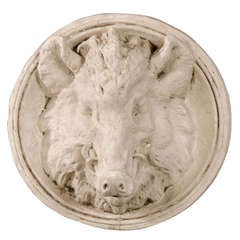 Circular Plaster Boar's Head Medallion From France C.1900