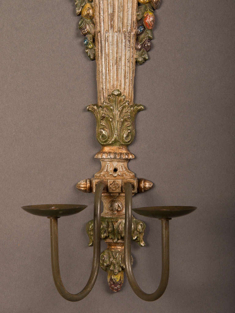 French Pair Of Painted Cast Brass Two Arm Sconces From France C.1940