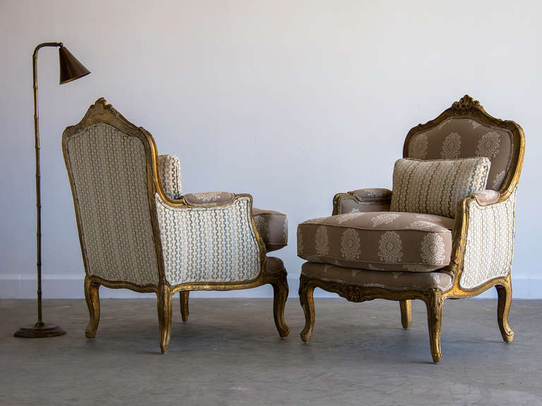 Pair Louis XV Style Giltwood Bergeres, Belle Epoque Period, France c.1890. This pair of comfortable armchairs are known as 