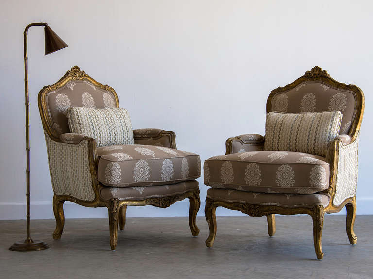 French Pair of Louis XV Style Giltwood Bergeres, France, circa 1890