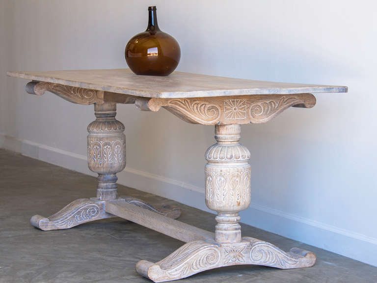 Carved Antique English Jacobean Style Oak Table, Limed Finish, circa 1875