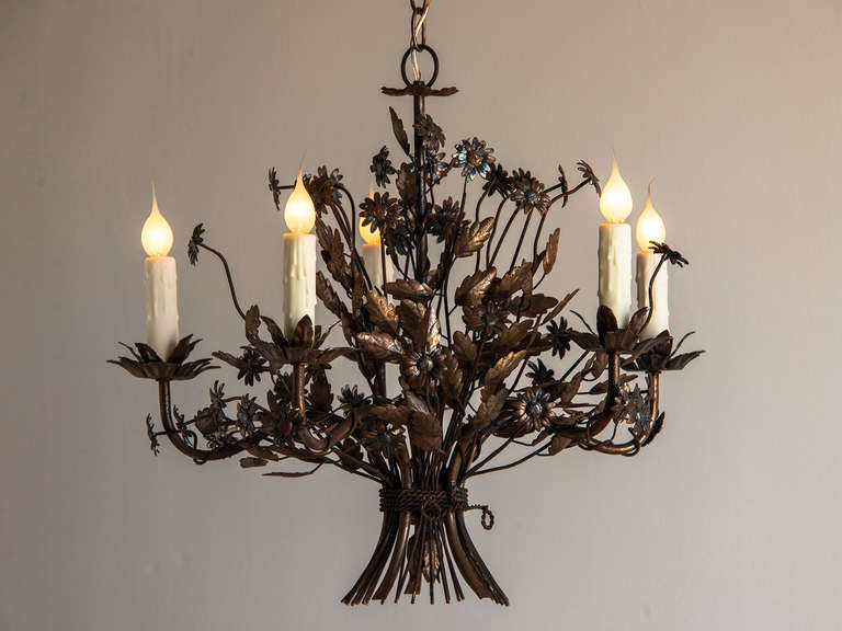 Vintage Steel Floral Bouquet Chandelier, Five Lights, France circa 1940. The complete whimsey of this fixture actually has its roots in eighteenth century France when bouquets of live flowers were gathered, tied with ribbons and affixed with lighted