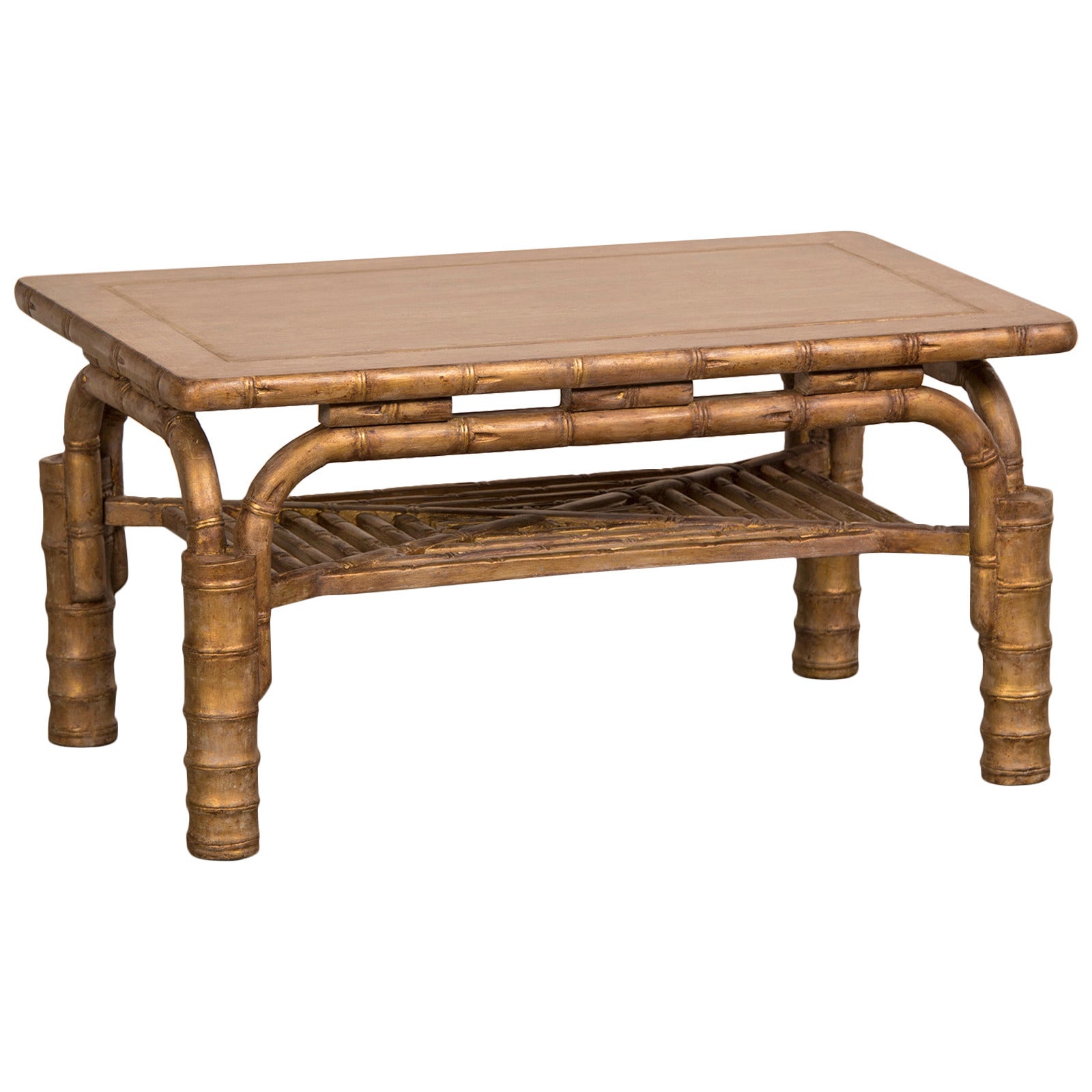 Striking Vintage French Gilded Coffee Table Standing on Bamboo Legs, circa 1910 For Sale