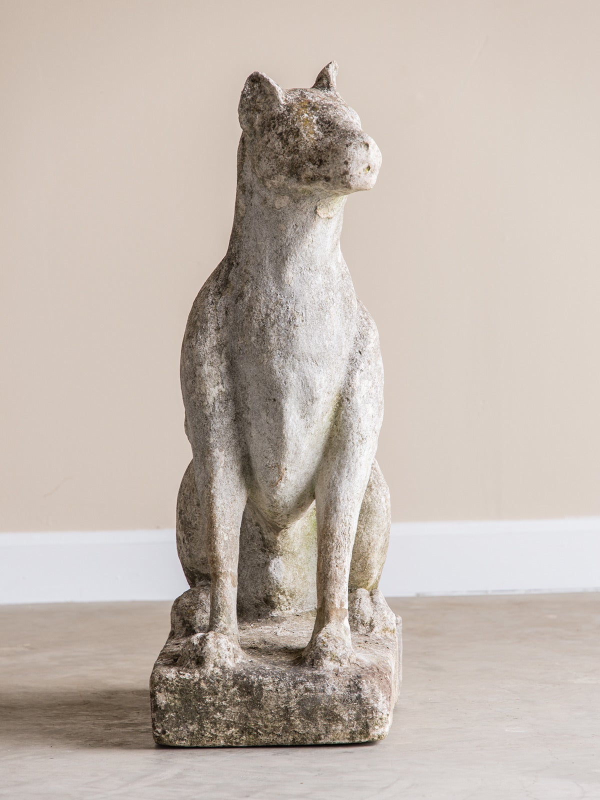 The well modeled proportions of this life size animal give the statue its sense of immediacy and visual impact. Made of reconstituted stone in early twentieth century France this vintage garden statue of a dog, which resembles a Great Dane, is
