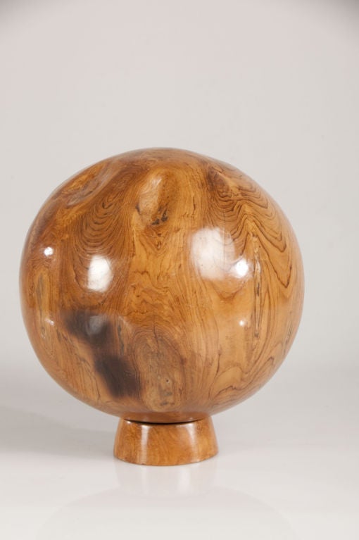 Modern Enormous Vintage Chinese Polished Wood Sphere Sculpture on a Stand For Sale