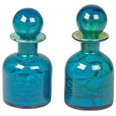 A Pair of Vintage Hand Blown Blue and Green Glass Decanters circa 1970