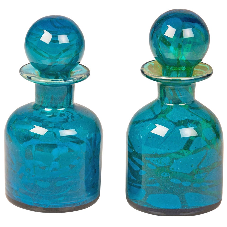 A Pair of Vintage Hand Blown Blue and Green Glass Decanters circa 1970 For Sale