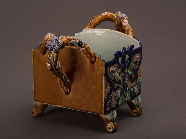 19th Century Antique French Majolica Barbotine Glazed Floral Earthenware Basket circa 1885