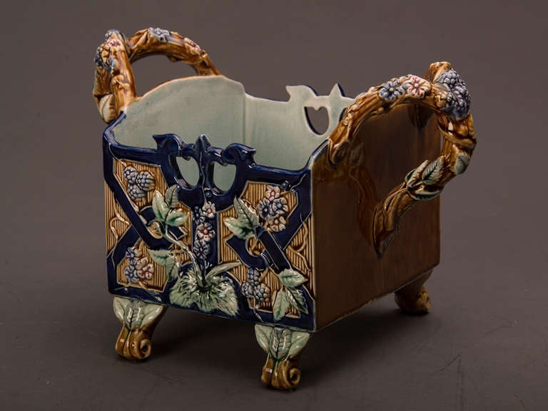 Antique French Majolica Barbotine Glazed Floral Earthenware Basket circa 1885