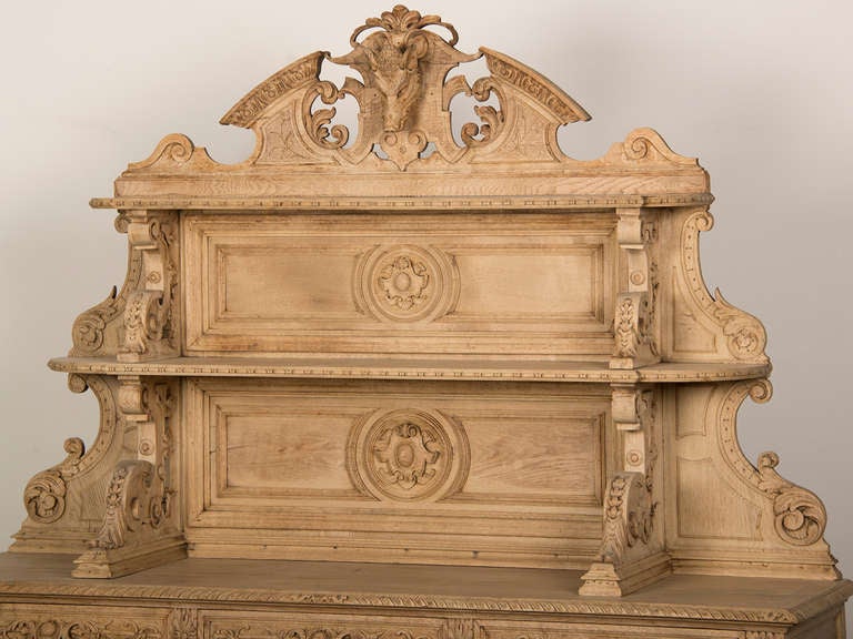Antique French Henri II Style Carved, Weathered Oak Hunt Buffet circa 1885