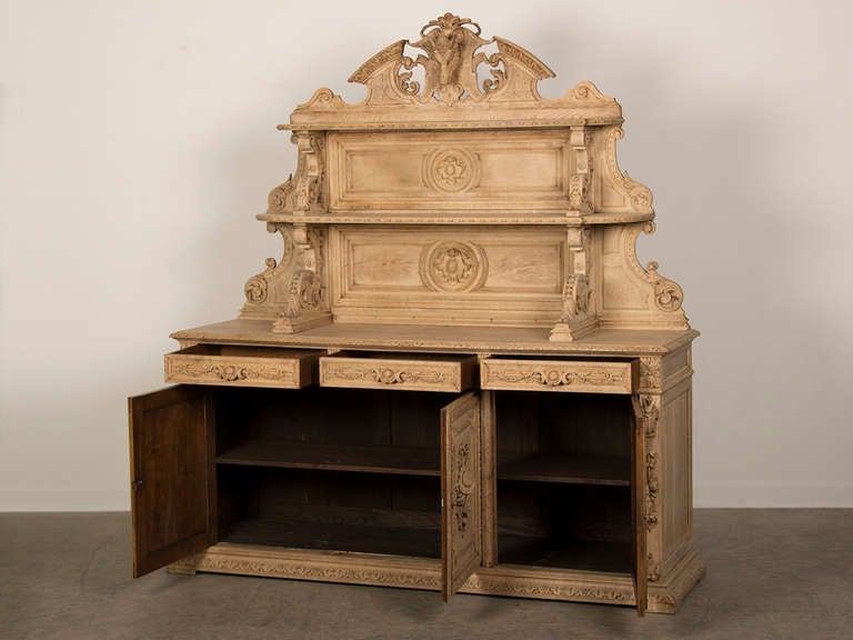 Antique French Henri II Style Carved, Weathered Oak Hunt Buffet circa 1885 1