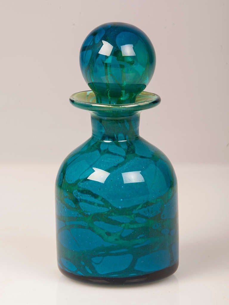 Mid-Century Modern A Pair of Vintage Hand Blown Blue and Green Glass Decanters circa 1970 For Sale