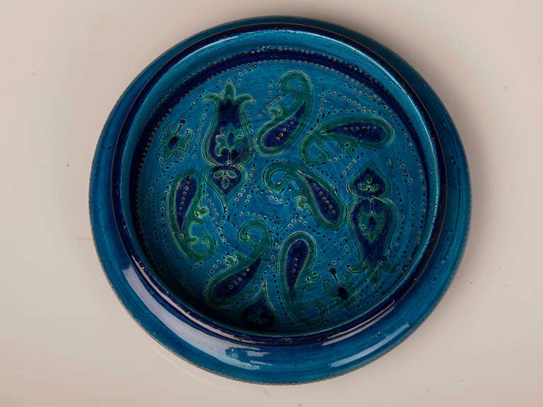 Large Italian Bitossi Turquoise Glazed Patterned Bowl circa 1965 In Excellent Condition In Houston, TX