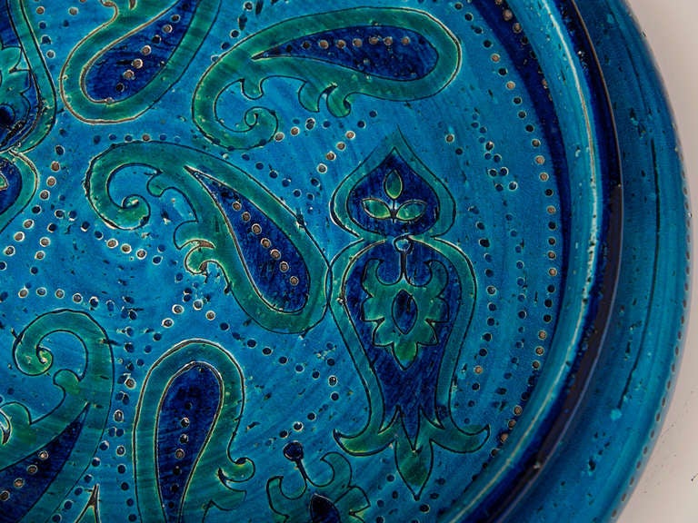 Earthenware Large Italian Bitossi Turquoise Glazed Patterned Bowl circa 1965
