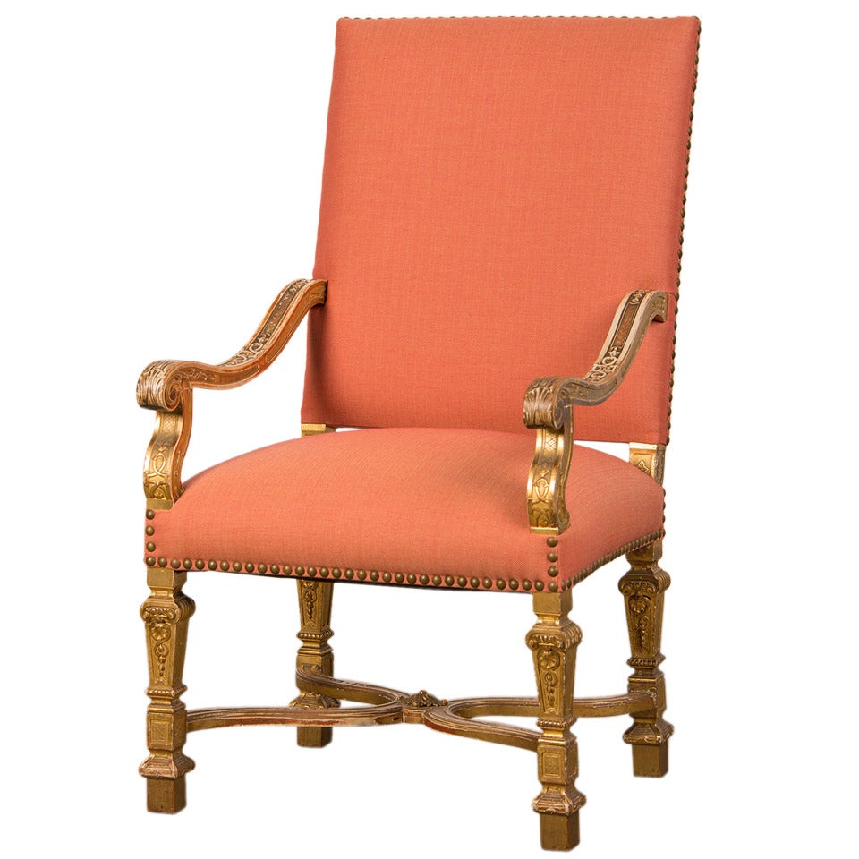 Antique French Louis XIV Style Giltwood Armchair from France circa 1875