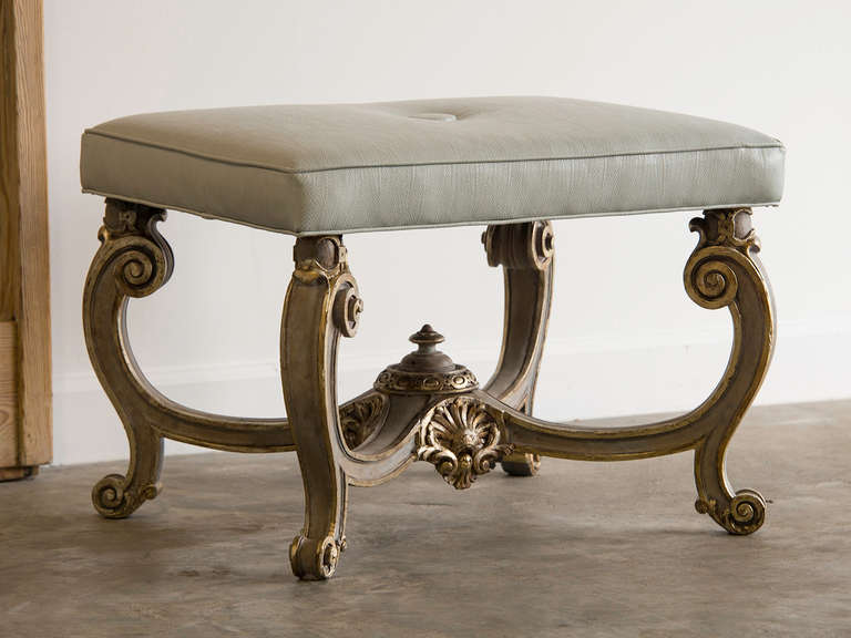 19th Century Baroque Style Carved Bench, Silver Gilt, Painted Finish, Italy, circa 1890