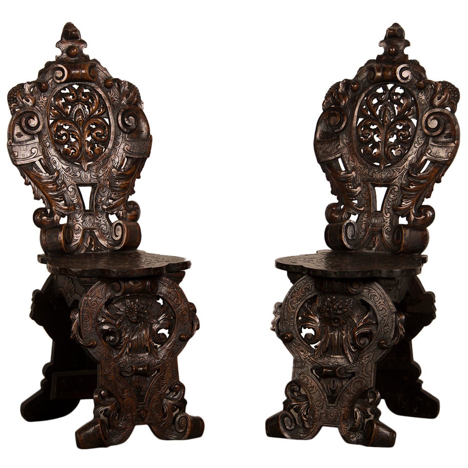 Pair of Antique French "Sgabello" Carved Walnut Chairs circa 1850 For Sale