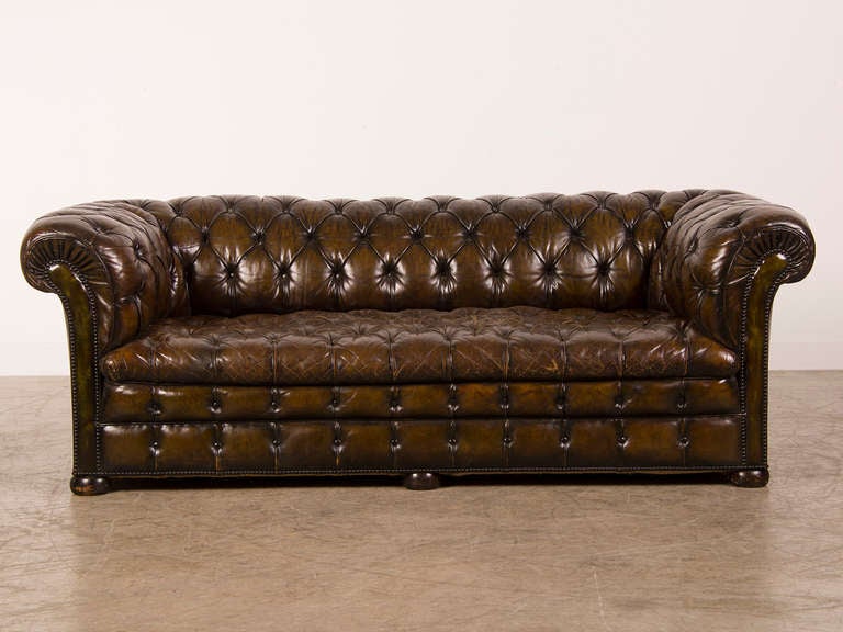 English Leather Covered Vintage Chesterfield Sofa from England ca.1940