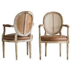 Louis XVI Style Painted Armchairs, Leather Seats, Cane Back, France, circa 1890