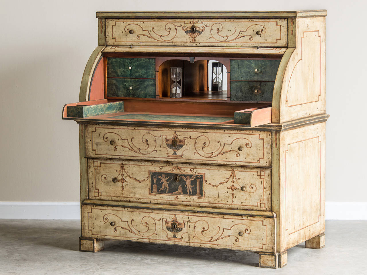 Neoclassical Roll Top Painted Antique German Secretary, circa 1830 In Excellent Condition In Houston, TX