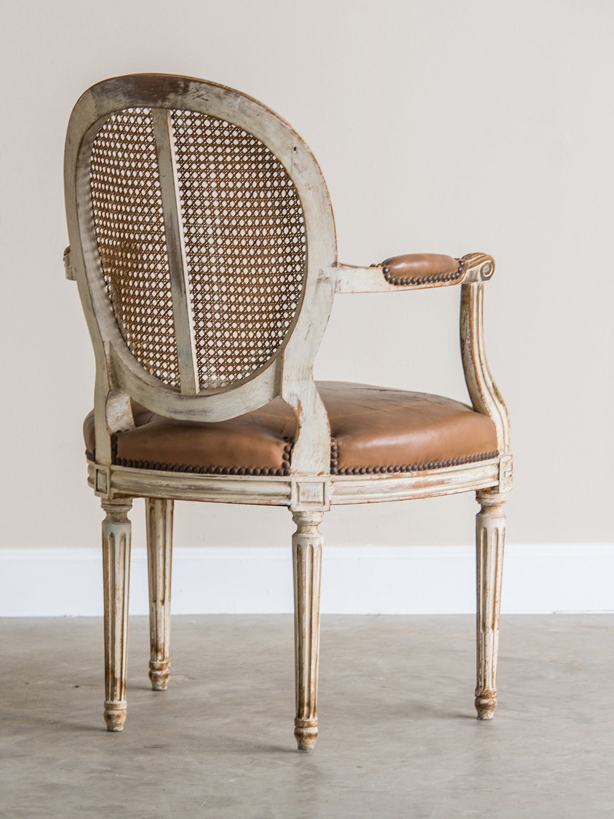 Louis Xvi Style Painted Armchairs Leather Seats Cane Back French Louis Xvi Style Painted Armchairs Leather Seats Cane Back France Circa