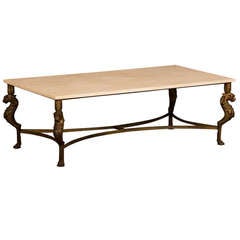 Neoclassical Gilded Iron Coffee Table from France c.1930 with Travertine Top