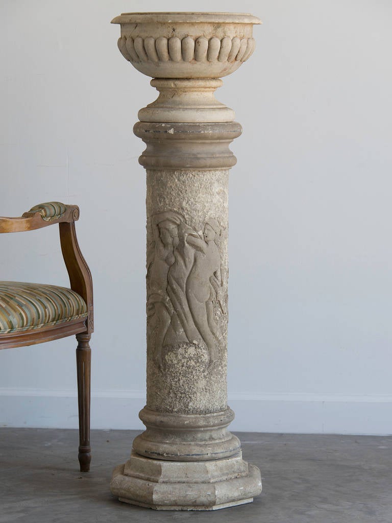 Receive our new selections direct from 1stdibs by email each week. Please click “Follow Dealer” button below and see them first!

Art Deco Period Carved Composite Stone Pedestal, Octogonal Plinth, Basin With A Fluted Edge, France c.1935. This