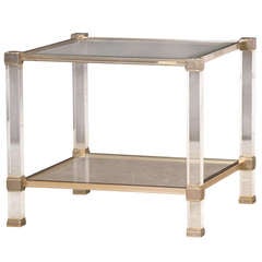 Pierre Vandel Square Perspex (Lucite), Brass Two Tier Table, France c.1980