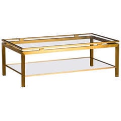 Vintage Pierre Vandel Gilded Brass Coffee Table, Two Level with Glass, France c.1975
