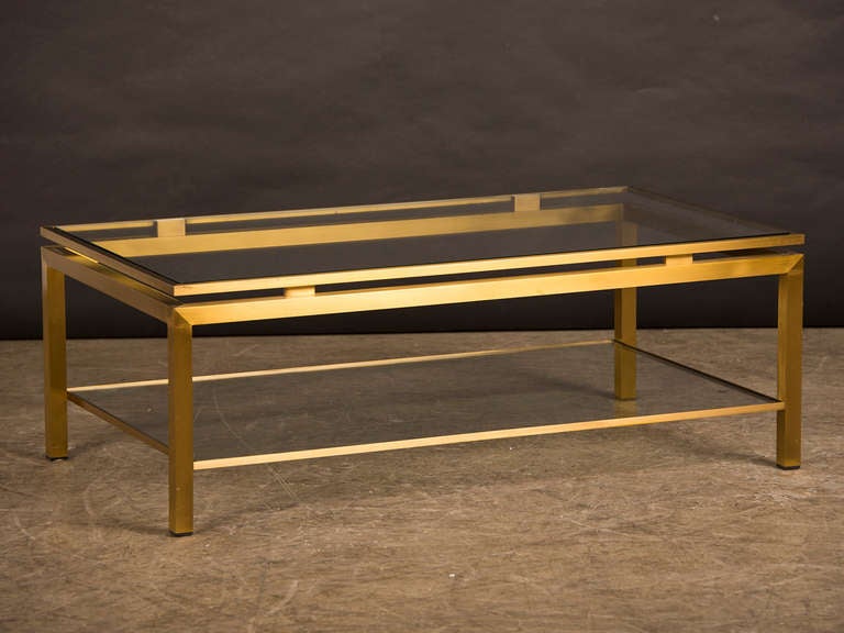 Pierre Vandel Gilded Brass Coffee Table, Two Level with Glass, France c.1975