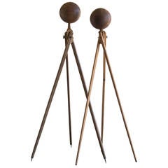 Pair of Surveyor's Tripods Mounted with Solid Wood Spheres, France