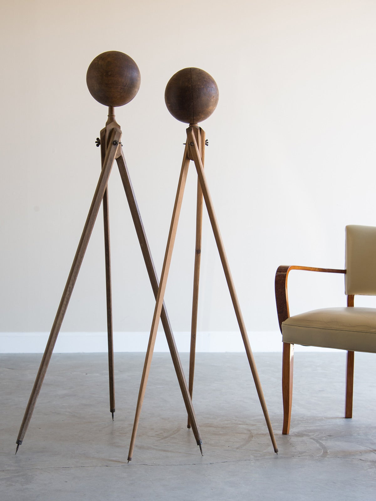 French Pair of Surveyor's Tripods Mounted with Solid Wood Spheres, France