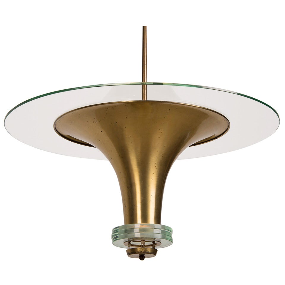 Art Deco Period Glass and Brass Pendant Chandelier, France c.1930