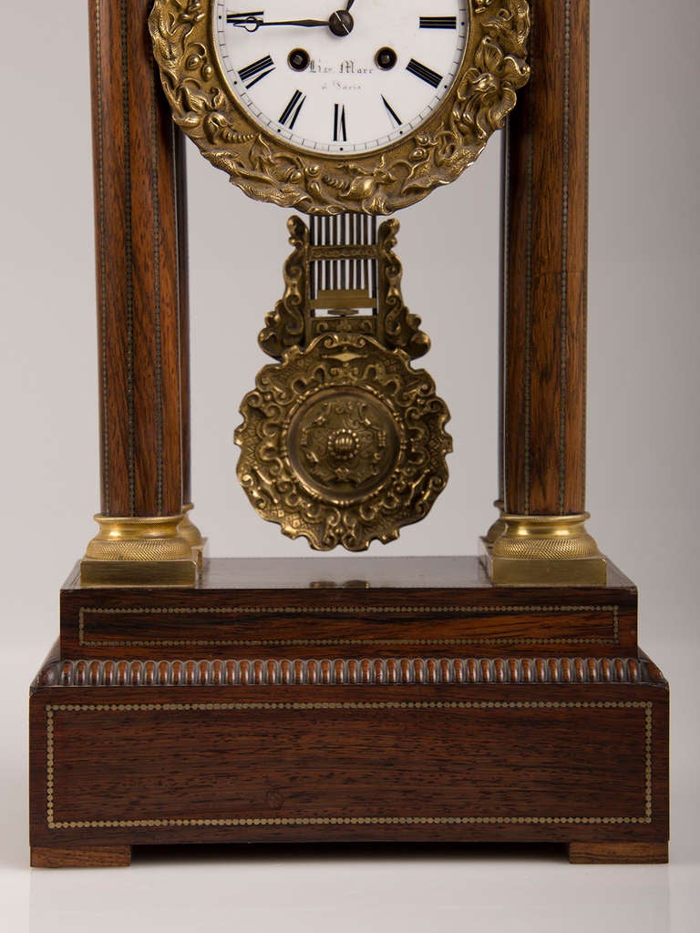 19th Century Antique French Charles X Period Rosewood and Ormolu Portico Clock circa 1830