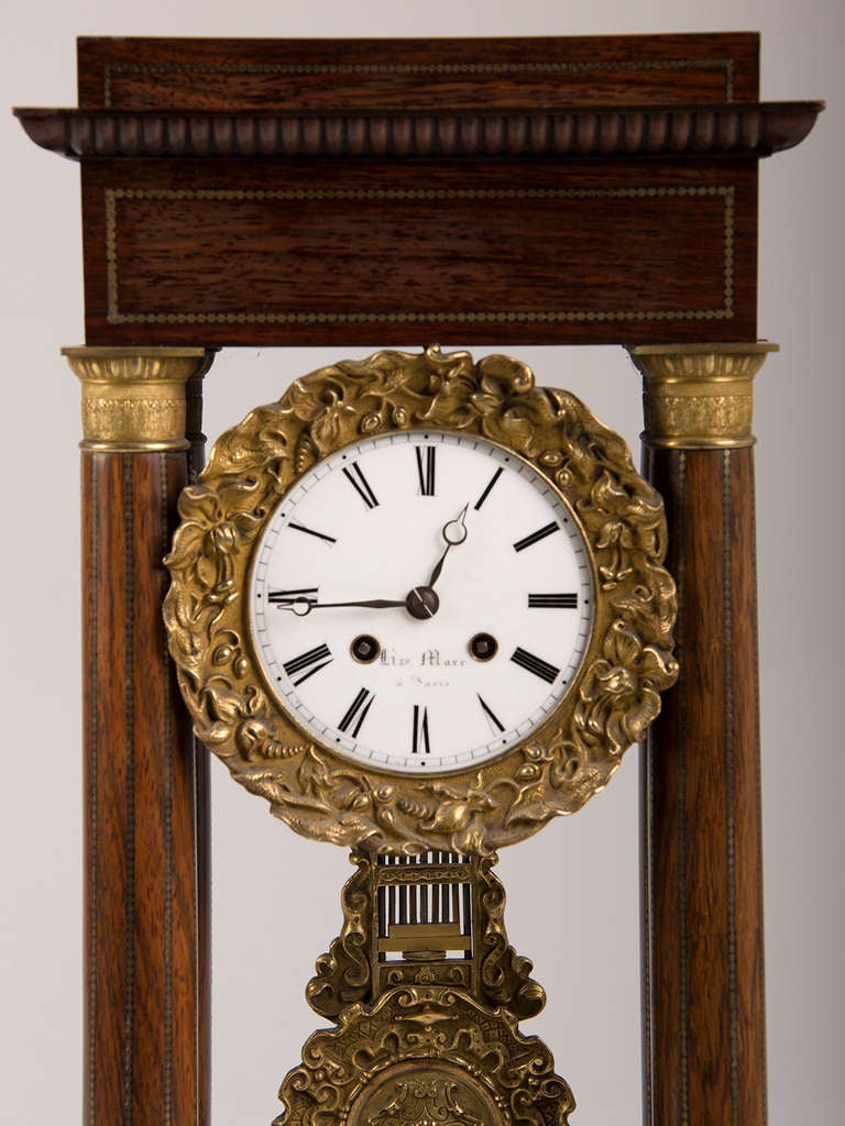 Antique French Charles X Period Rosewood and Ormolu Portico Clock circa 1830 In Excellent Condition In Houston, TX