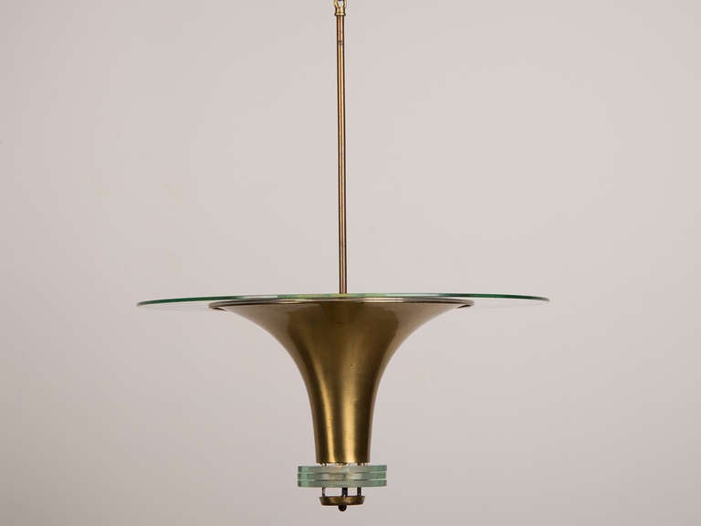 French Art Deco Period Glass and Brass Pendant Chandelier, France c.1930